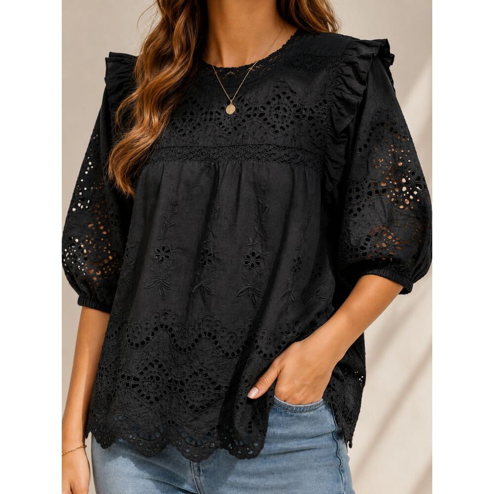 Jennifer & Grace Black Eyelet Lace Back Button Blouse L Cottagecore Boho NWOT